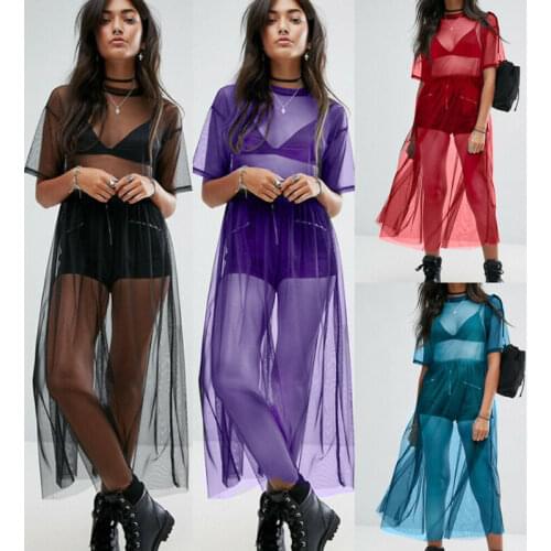 US Women Mesh Sheer Net See-through Short Sleeve Bikini Cover Up Dress Beachwear