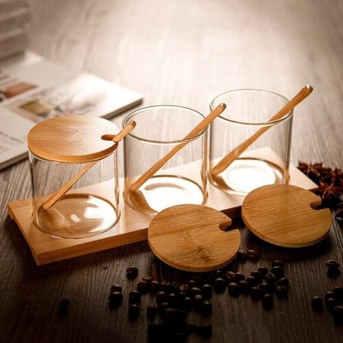 3pcs/1 Set Glass Sealed Seasoning Pot Seasoning Jars Household Seasoning Boxes Sealed Condiment Pot with Lid and Spoon