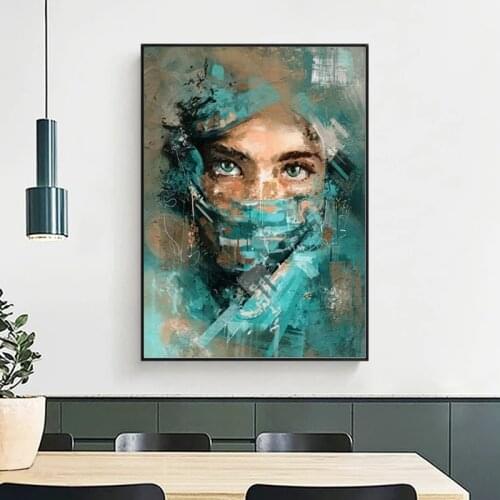 Abstract Woman Portrait with Green Veil Canva Wall Art Home Decor Poster and Prints Painting Watercolour Picture for Living Room