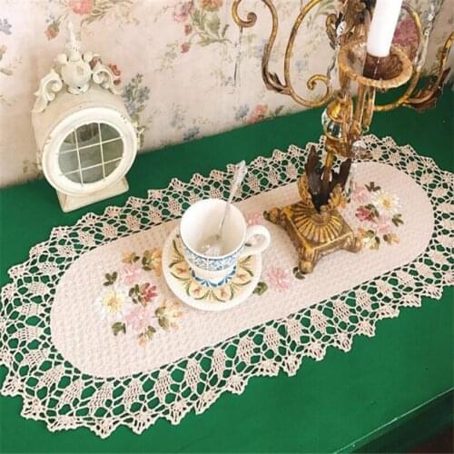 Free Shipping Ribbon Embroidered Pastoral Tablecloth Cup Pad Cover Runner Place Mat 35x80cm Flag Hollow Blanket Antependium