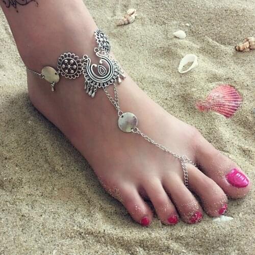 AMORUI Vintage Bohemia Style Hollowed Tassel Women Anklet Antique Silver Color Water Drop Shaped Summer Beach Jewelry