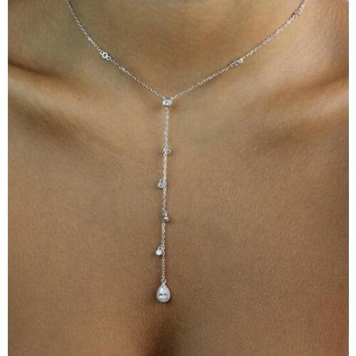 Colorful cz tear drop cz charm Simple Y Style Chain Long Necklaces & Pendant Rose Gold Color Lariat sexy Chain Jewelry For Women