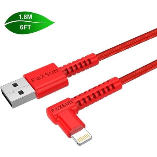 Foxsun Right Angle For Lightning Cable 90 Degree iPhone Charger USB Cable Nylon Braided Fast Speed Data Sync Apple Charging Cord