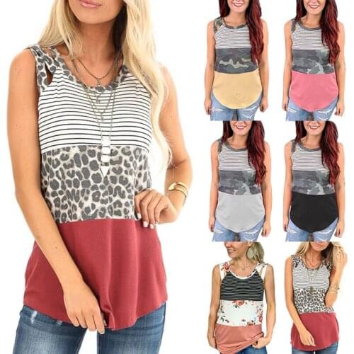 Hitmebox New Women Sleeveless Straps Tank Tops Striped Camouflage Leopard Splicing Casual Summer Cami Vest Shirts For ladies