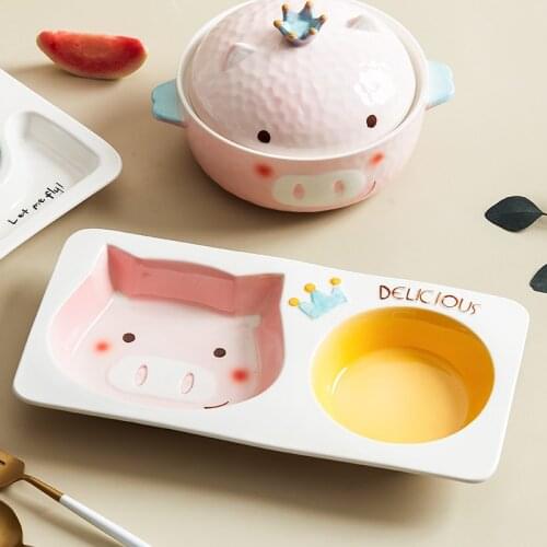 Korean cute cartoon ceramic partition plate dining plate childrens tableware cartoon good-looking breakfast plate grid plate