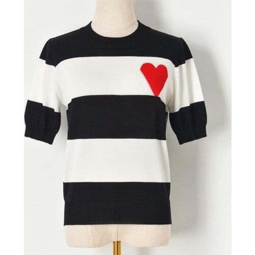 Red Black Striped Peach Heart Love Embroidery Short-Sleeved Round Neck Sweater T-Shirt Tee Knitwear Women Summer Casual Blouse