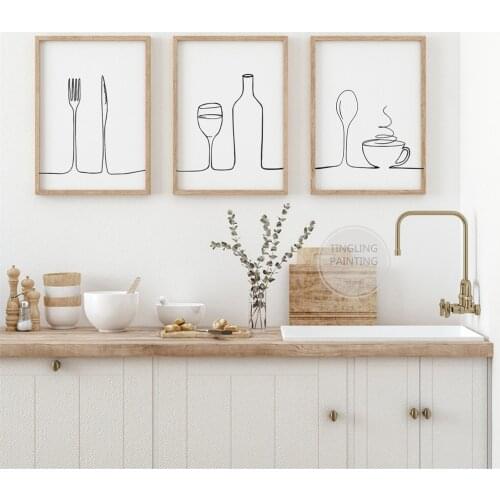 Line Drawing Kitchen Prints, Food Drink Print, Dining Room Print,Kitchen Wall Art, Housewarming Gift,Kitchen Decor, Canvas Art