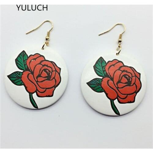 Hot Latest charm Print flower shape wood earrings accessories carton statement jewelry for woman 2017 design new