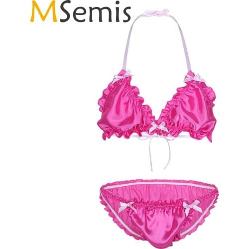 MSemis Sissy Men Cute Lingerie Exotic Apparel Ruffled Frilly Lingerie Sexy Set Strappy Halter Bikini Bra Top Brief Underwear