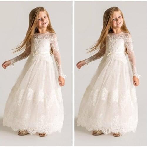 Sweety Purity Flower Girls Dress With Lace Applique Sashes Long Sleeves Custom 2019 Ankle Length Little Girls Birthday Gowns
