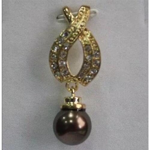 Fashionable zircon metal plated 12 mm Brown Shell Pearl Necklace Pendant