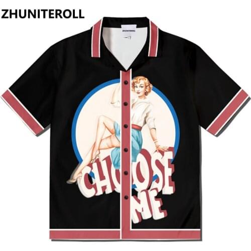 Harajuku Fashion Mens Shirts Cartoon Girl Print Button Down Shirt For Men Streetwear Hawaiian Beach Holiday Party Blouse Tops