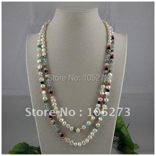 Charming!pearl & crystal necklace 48''inchs AA 7-8MM White Genuine freshwater pearl&crystal necklace free shipping A2334