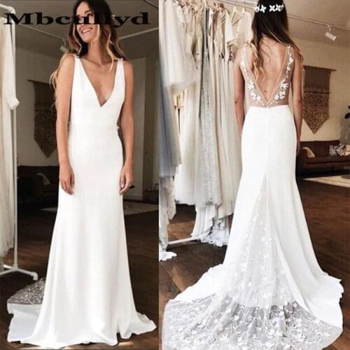 Mbcullyd Sexy V-neck Mermaid Wedding Dresses With Lace 2020 Elegant Satin Backless Beach vestido de noiva For Women Bridal Gowns