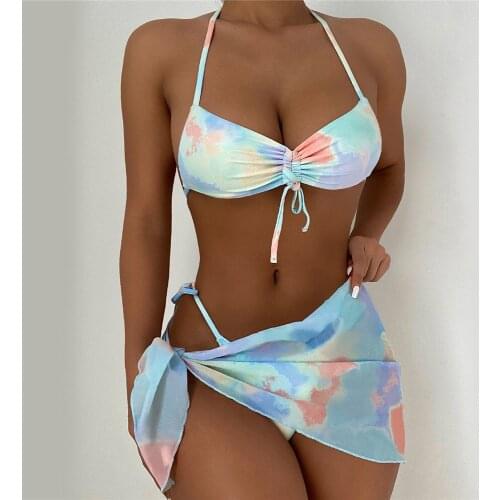 Sexy Tie Dye 3 Piece Bikini Set with Sarong Women Swimwear Halter Swimsuit String Thong Bikinis 2021 Mujer Bathing Suit Biquinis