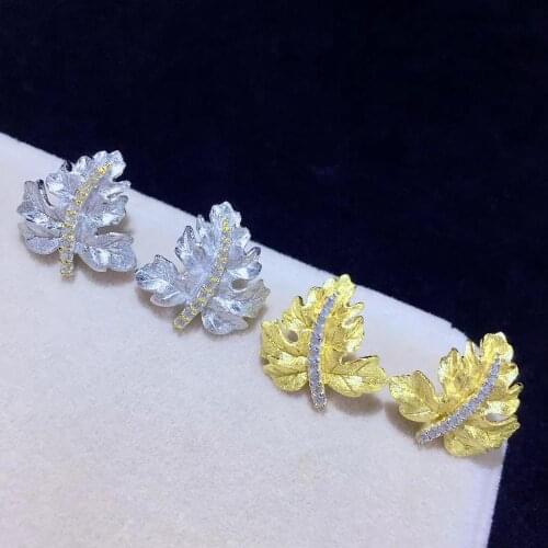 Leaf stud earring yellow silver color 925 sterling silver with cubic zircon Maple daily fine women jewelry plant