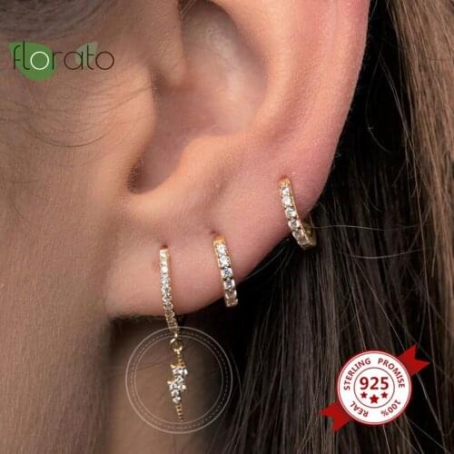 925 Sterling Silver Lightning Hanging Huggie Hoop Earrings Geometric Pendant CZ Crystal Prevent Allergy Earrings Jewelry