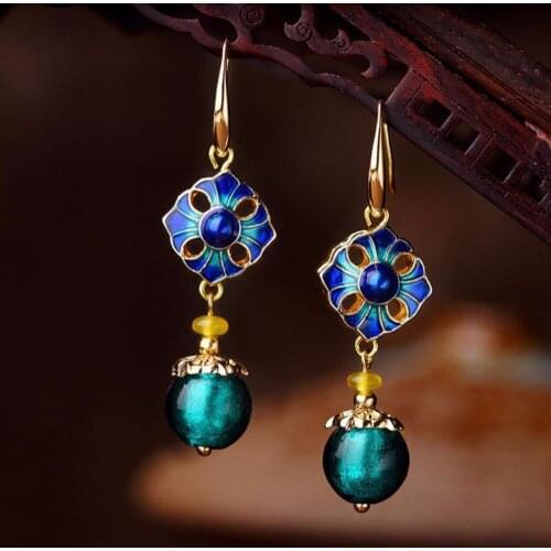 Earrings spring and summer new glass jingtai blue earrings fall national style fashion temperament