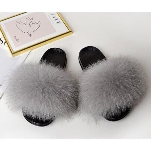 Summer Fluffy Shoes Raccoon Fur Slippers Women Real Fox Fur Flip Flop Flat Furry Fur Slides Outdoor Sandals Woman Amazing Shoes