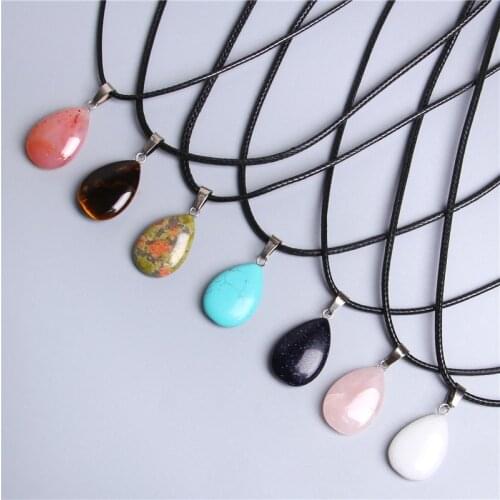 Trendy Women Men Necklace Water Drop Natural Tiger Eye Green Quartz White Opal Crystal Stone Pendant Black Rope Necklace Jewelry