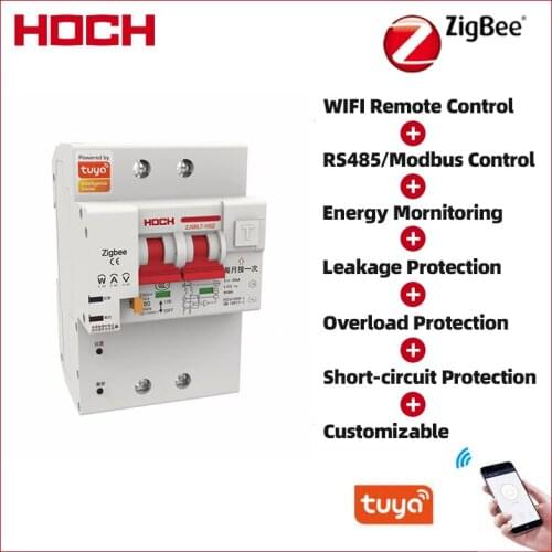 HOCH ZJSBL7 Tuya Zigbee Energy Monitoring 2P Smart RCBO Remote Control Din Rail Bluetooth Timer Automatic WIFI Breaker Factory