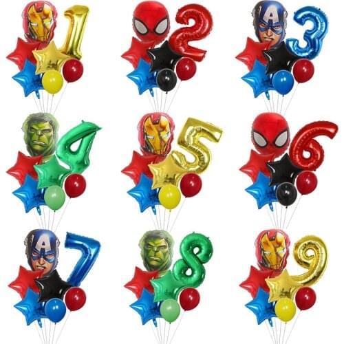 7pcs Avenger Spider Iron Captain America Hulk Superhero Balloons Set 30inch Number Globos Birthday Party Decorations Kids Toys