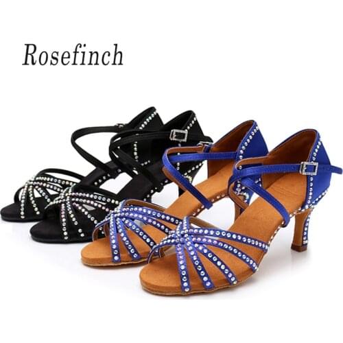 Girls Latin Dance Shoes Rhinestone Latin Shoes Lady Shining Blue Black Satin Women Salsa Party Ballroom Shoes 5cm/7cm Heel A01DZ