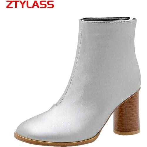 2021 New Autumn Winter Women Boots Fashion Zipper Thick High Heel Ankle Boots PU Leather Square Toe Lady Shoes Black Sliver