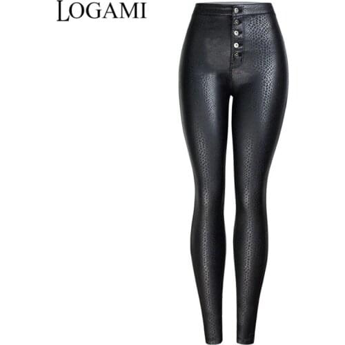 LOGAMI Snake Print Leather Pants Women Button Faux Leather Trousers Woman Pencil Pants Black