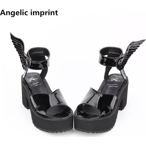 Angelic imprint woman mori girl lolita punk cosplay shoes lady high trifle heels pumps women princess summer sandals wings 8cm