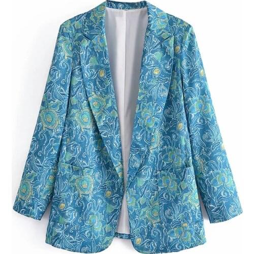 2021 women Vintage printed blazer Ladies Long sleeve shoulder pads pockets chic Casual fashion suit jacket coat