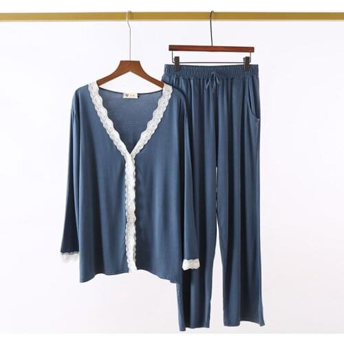 Autumn Mew Sexy V-Neck Cardigan Female Pajamas Lace Trim 2PCS Sleep Suit Modal Full Sleeve Pant Nightwear Spring Loose Sleepwear