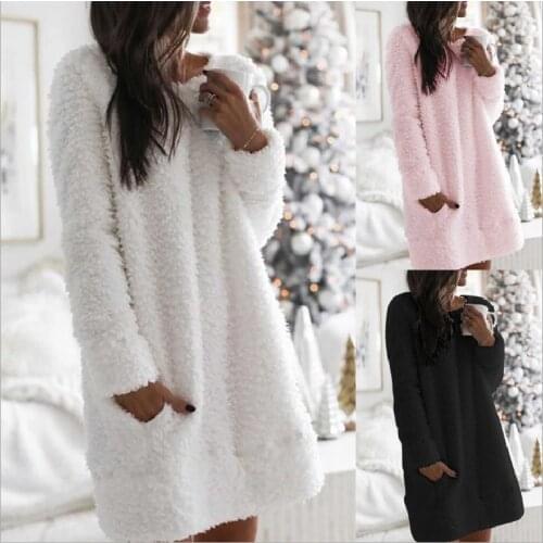 Round Neck Simple Fashion New Casual Straight Plush Women Dress 2020 Autumn and Winter Comfortable Plush Warm Dresses Vestidos