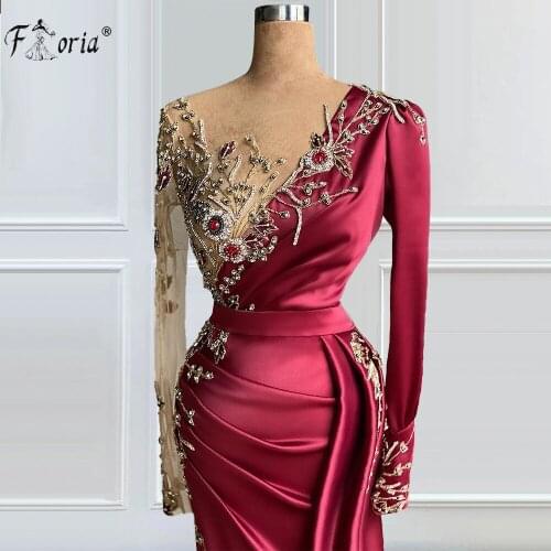 Burgundy Mermaid Evening Dress Floor-Length Beads Crystal Long Sleeves Prom Dress Dubai Women Elegant Celebrity Dress 2021