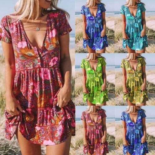 Summer Elegant Vintage Floral Print Women Button Dress Sexy Short Sleeve Low-Cut Mini Dresses Female Casual Sundress Vestidos