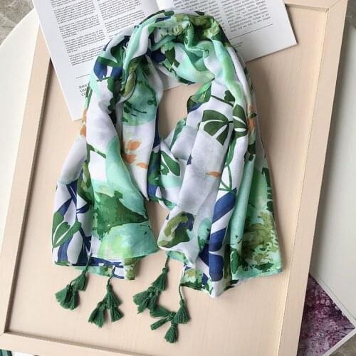 2021 Fashion Autumn Women Viscose Scarf Green Floral Tassel Beach Hijab Shawls and Wraps Female Foulards Echarpe Muslim Hijab