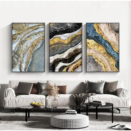 Abstract Golden Marble Canvas Painting Modern Black Blue Minimalist Art Posters and Print Luxury Wall Art Picture for Home Decor