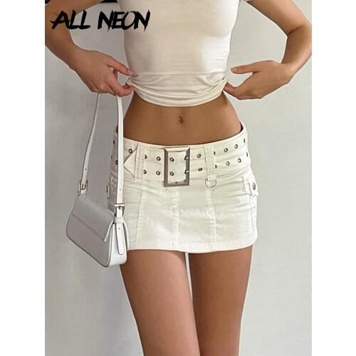 ALLNeon Y2K Aesthetics Basic Belted Low Waist Micro Skirts 2000s Fashion Sexy Pockets White Denim Skirt Cute Bottoms Clubwear