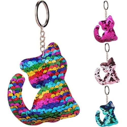 Glitter Cute Cats Sequins Key Chain Pompom Reflective Sequin Pendant Keychain Car Bag Keyring Accessories Women Christmas Gifts