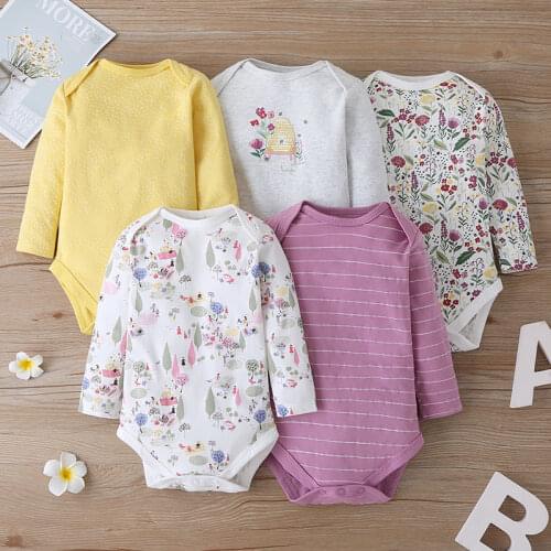 5 Piece Spring Baby Bodysuits Jumpsuit Cute Cartoon Printed Long Sleeve Cotton Body For Newborns Babies Costume