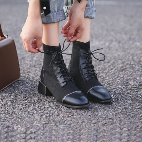 Stretch fabric socks boots women thick heels patchwork fashion botas mujer lace-up round toe short ankle botines footwear 2020