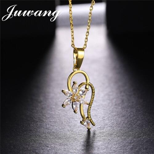 JUWANG Brand Shining Rainbow Flower Cubic Zircon Pendant Necklace for Women Girl Gold Chain Necklace Jewelry Gift Wholesale