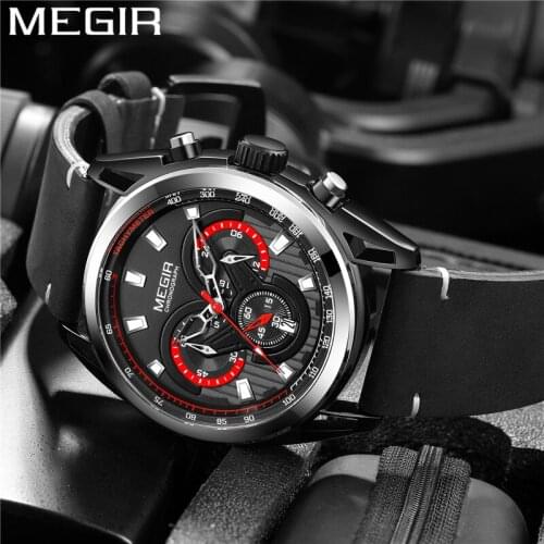 MEGIR Watch Men Chronograph Military Male Clock Top Brand Luxury Black Genuine Leather Fashion Classic Man Sport Wristwatch 2135