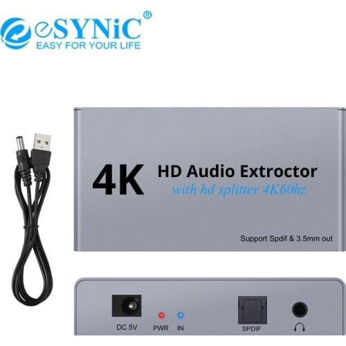 ESYNiC 4K HDMI Audio Extractor 2 Way HDMI Splitter HDMI To Optical SPDIF Toslink Digital To Analog Stereo 3.5mm Audio Extractor