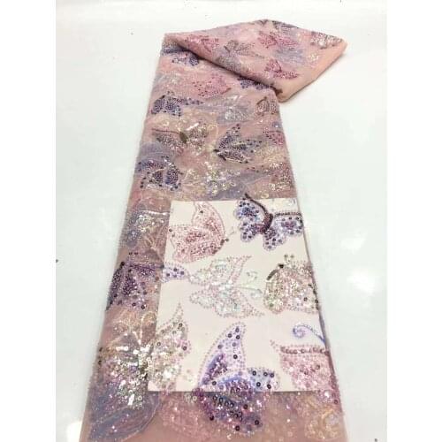 French Mesh Lace Fabric Sequin Bead Tube Butterfly Tulle Embroidery Craft Sewing Design Wedding Dress 5 Yards Trimming Wholesale