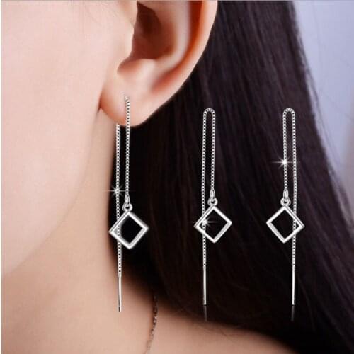 KOFSAC New Fashion 925 Silver Earrings For Women Simple Hollow Square Long Tassel Dangler Earring Ear Line Jewelry Gift Brincos