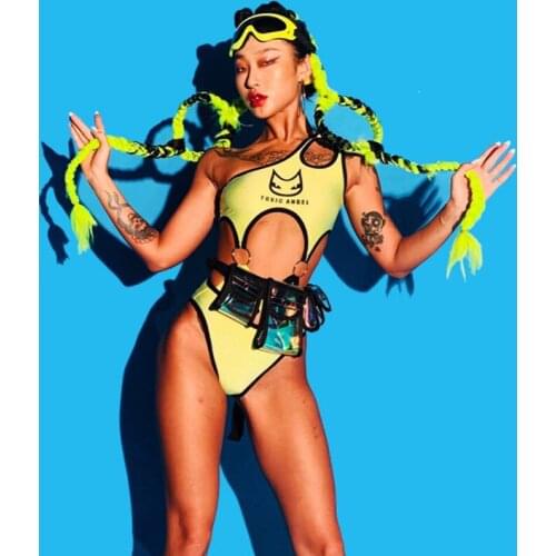 New Nightclub Bar Female Singer GoGo Costume Sexy Fluorescent Yellow Bodysuit Jazz Dance Costumes Party Carnival Outfits DWY4097