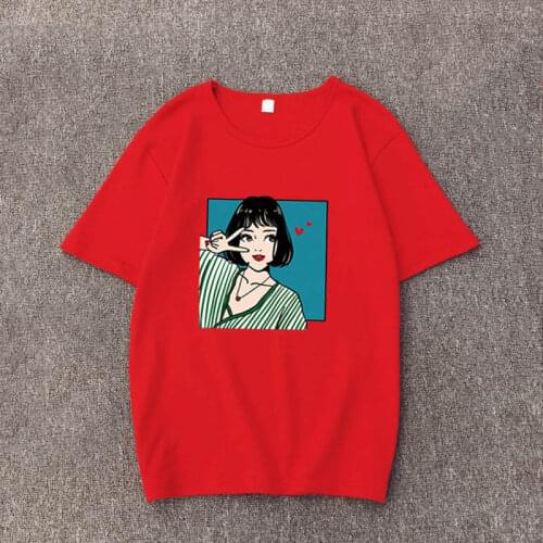 Summer Cartoon Lovely Girls Printed Women T-shirt Solid O-Neck Tops Female T shirt Casual Loose Short Sleeve Top for girl