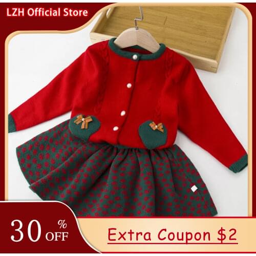 LZH Kids Dresses For Girls Long Sleeve Knitted Sweater 2pcs Princess Dress Winter Children Clothes Christmas Girls Party Dress
