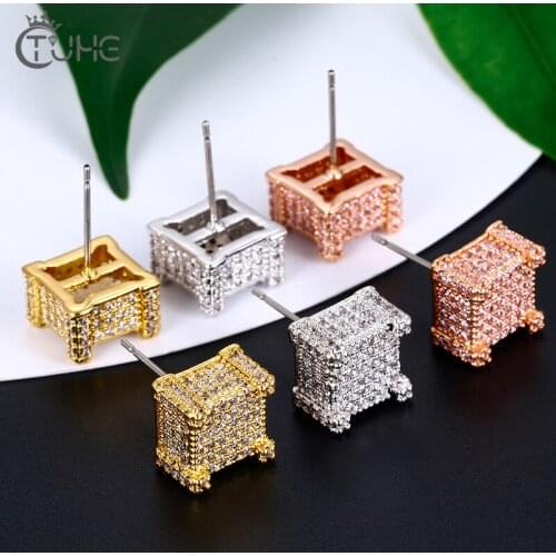 Fashion Female Luxury Crystal Square Stud Earrings Vintage Silver Color Cubic Zircon Stone Earrings For Women Men Unisex Earring
